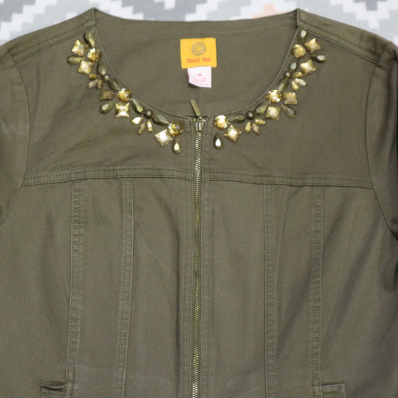 Like New RUBY RD Olive Jewel Neck Zip Denim Jacket - Picture 2 of 5
